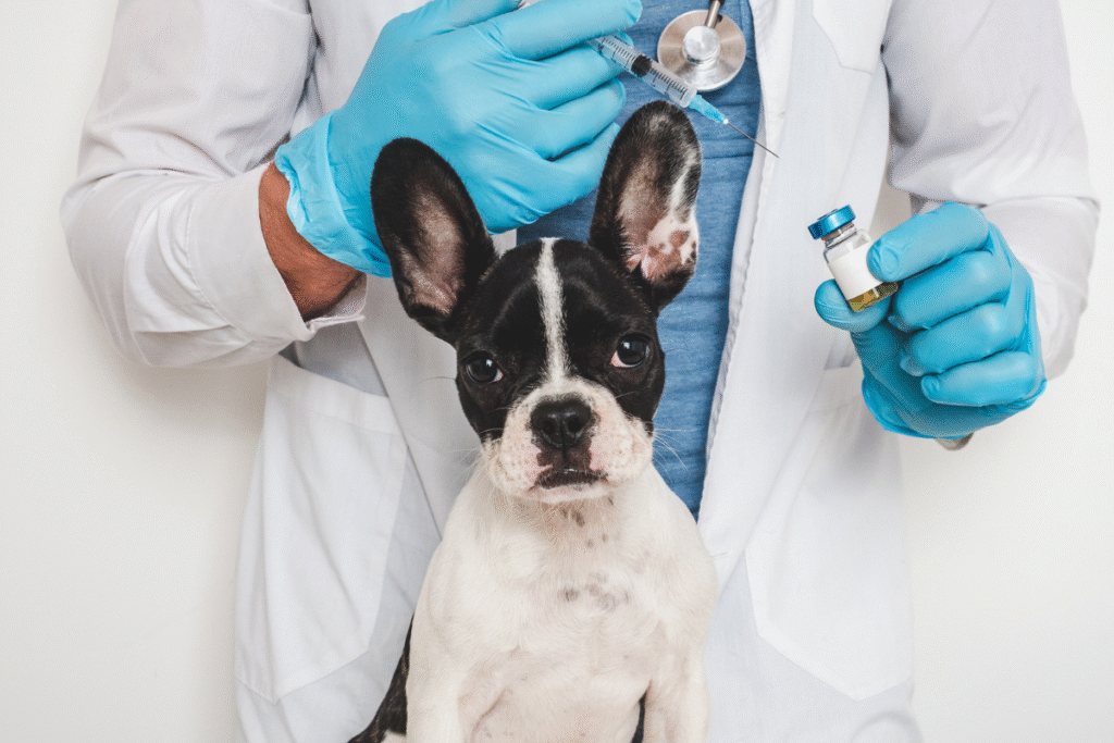 En arrière plan, les mains d'un vétérinaire tiennent une seringue et s'apprêtent à piquer dans un flacon. Au premier plan, un chiot bouledogue français assis de face
