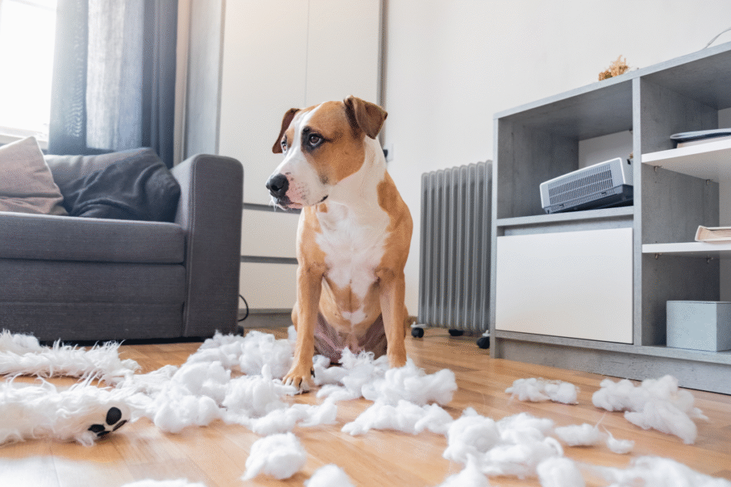 Un chien assis dans un salon entouré de morceaux de rembourrage de coussin qu'il a détruit