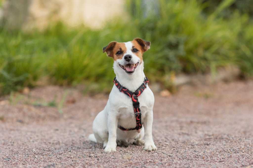 Un chien jack russel assis par terre de face portant un harnais