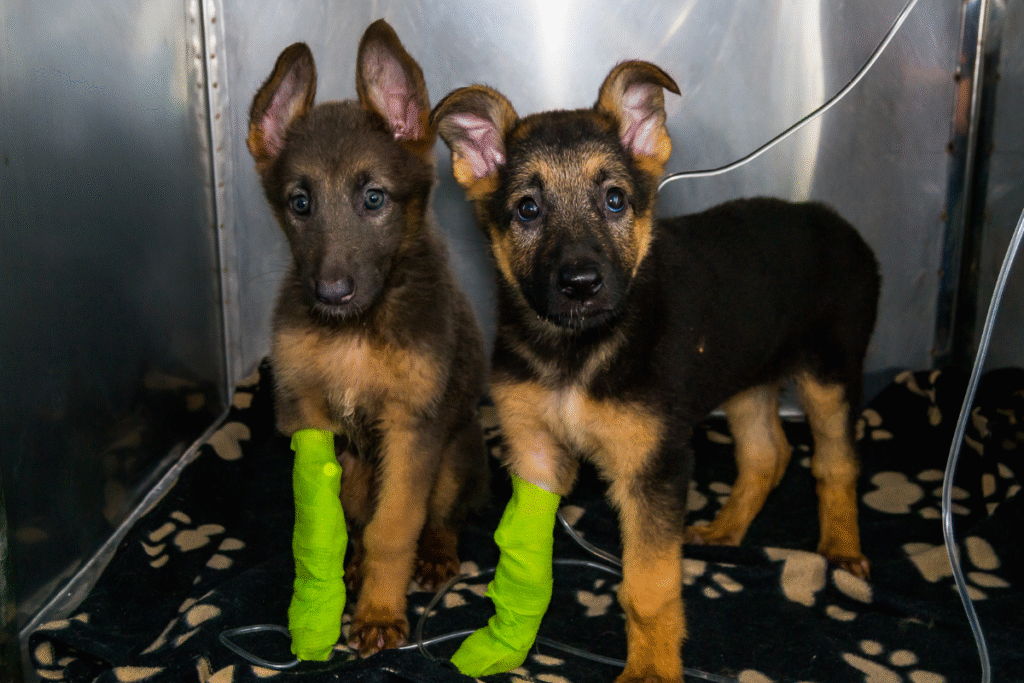 Deux chiots berger allemand dans debout dans une cage d'hospitalisation avec une perfusion