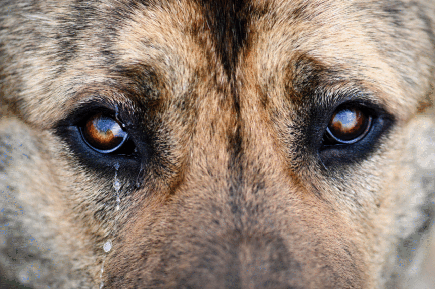 regard d'un chien avec une larme qui coule