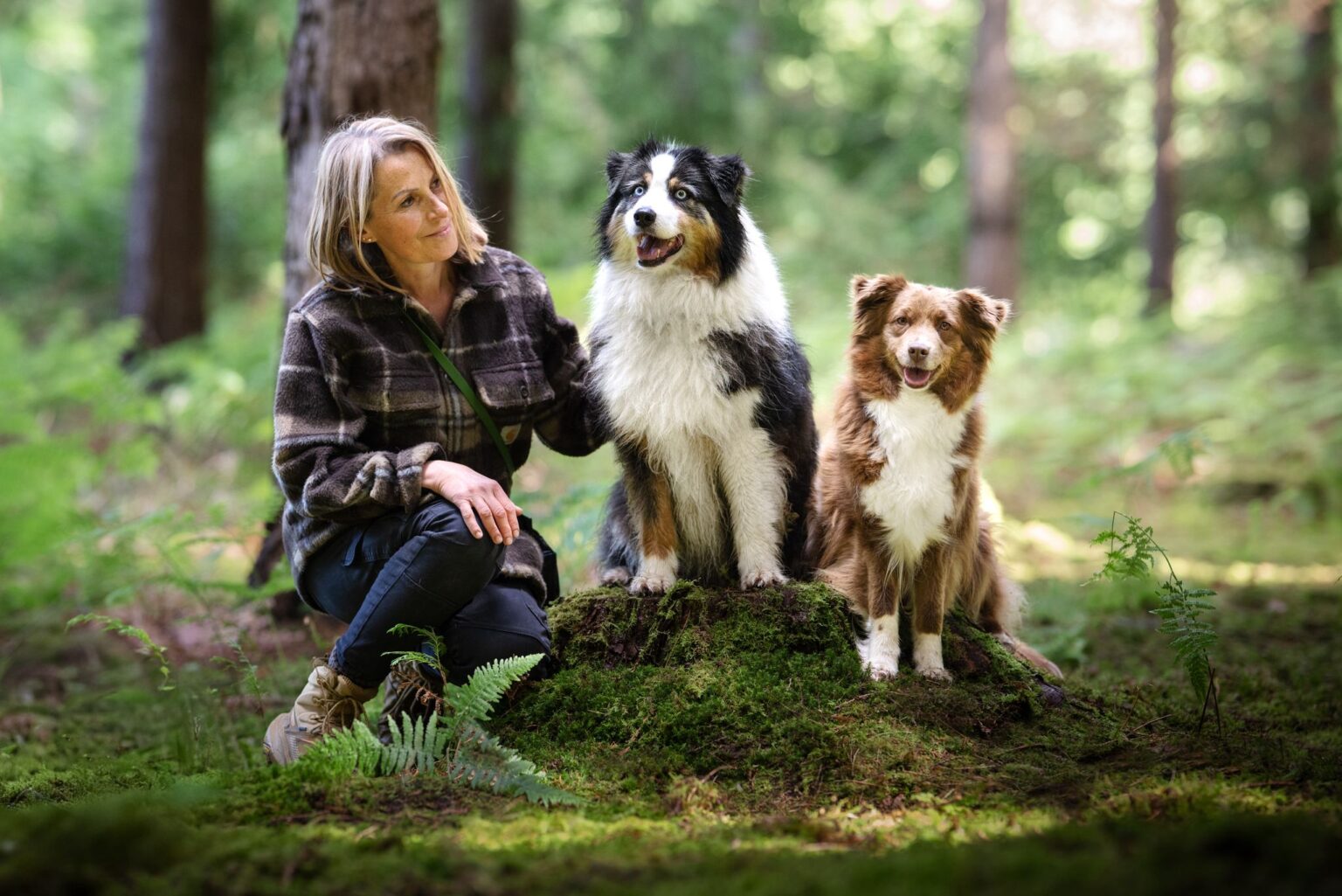 Nina Mosly assise en forêt avec 2 chiens bergers australiens