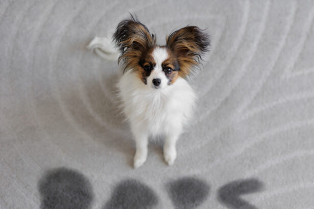 Chien assis sur un tapis devant une écriture probablement faites au pipi : "oops". Le chien chien n'a pas encore appris la propreté