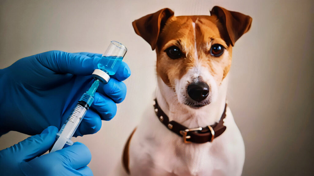 Un chien jack russel semble attendre qu'on le vaccine contre la rage. Il est assis, regard fixe devant lui. Au premier plan, des mains portant des gants en caoutchouc et aspirant avec une seringue, le produit à injecter.
