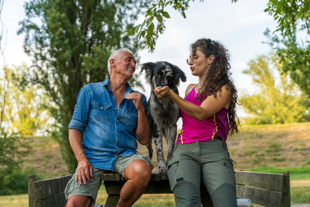 Un chien est debout sur un banc avec ses propriétaires de chaque côté de lui. La femme lui donne des friandises dans le creux de sa main. L'homme se penche vers le chien en riant.